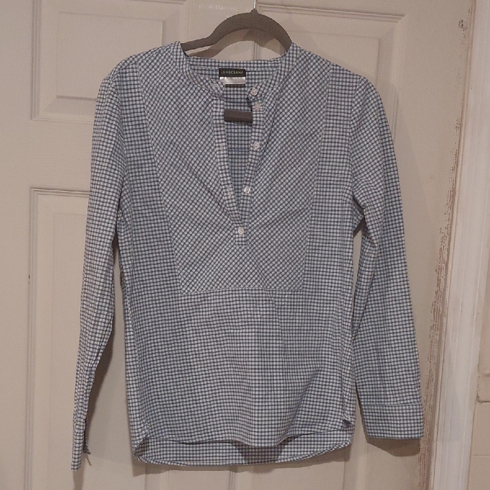 Longchamp Womens Blue and White Gingham Button Front Shirt Size 36 Small